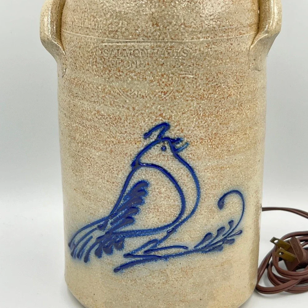 Salmon Falls Stoneware Crock Lamp Cobalt Blue Bird Motif Dover NH Salt Glaze